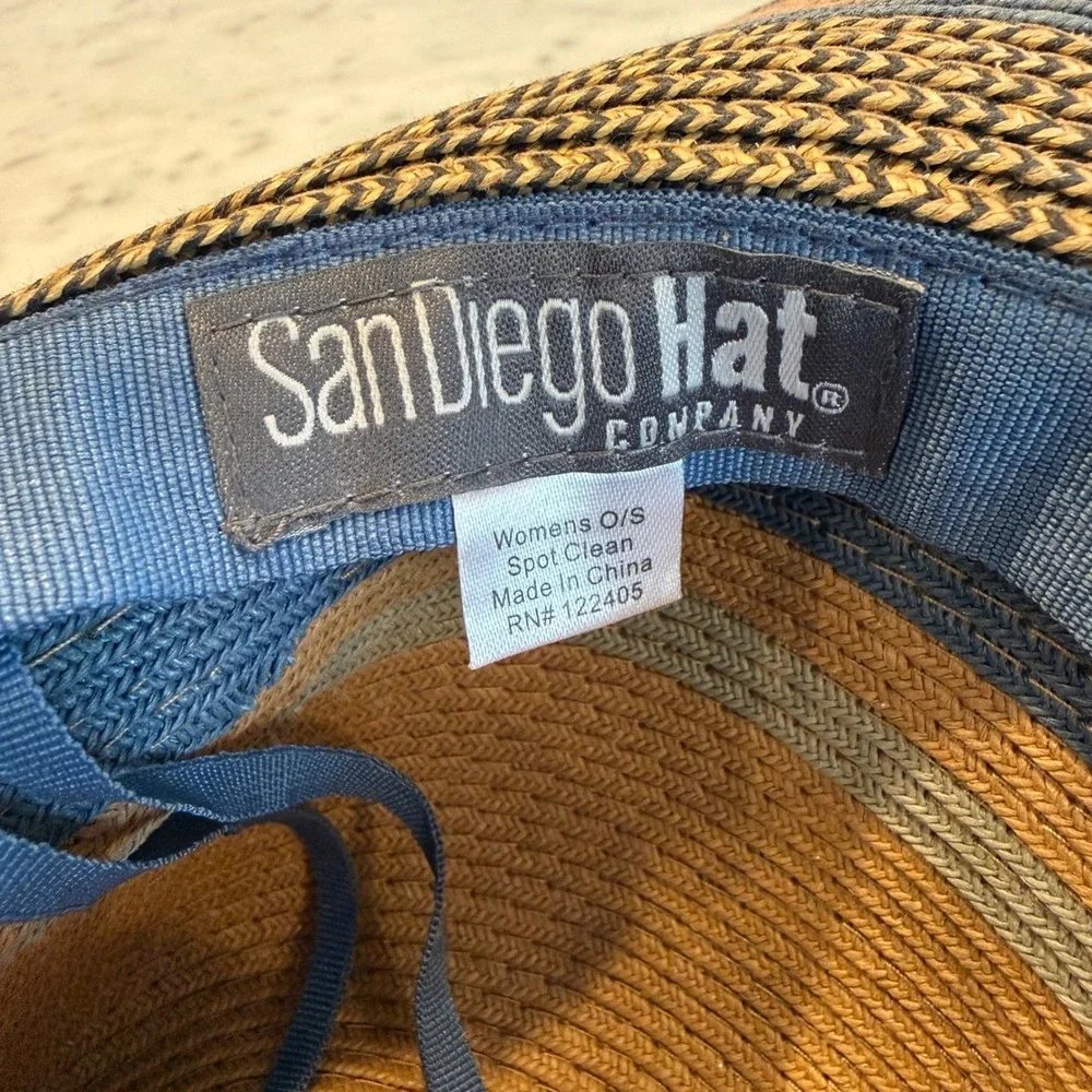 San Diego Hat Company Womens Striped Straw Sun Hat Blue Pink Tan Wide Brim O/S - Picture 2 of 4